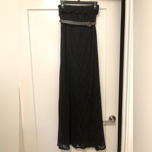 Black lace strapless maxi dress with remover grey belt